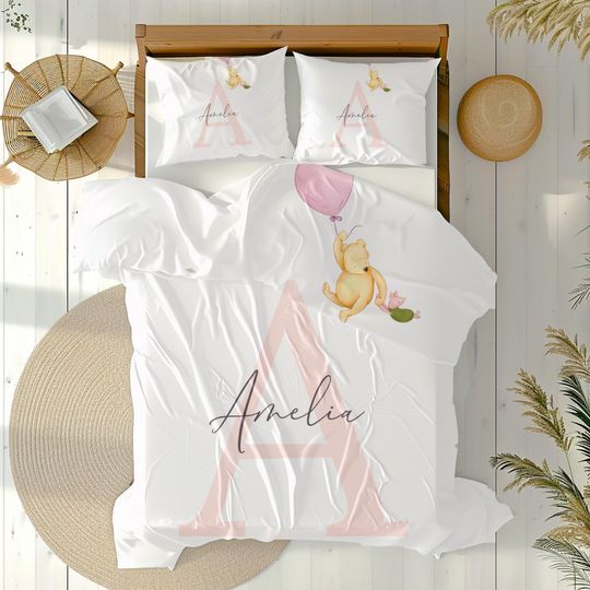 Discover Winnie the Pooh Personalized Bedding Set - Custom Name Duvet Cover with Piglet & Balloons, Kids Cartoon Bedding, Disney Bedroom Decor