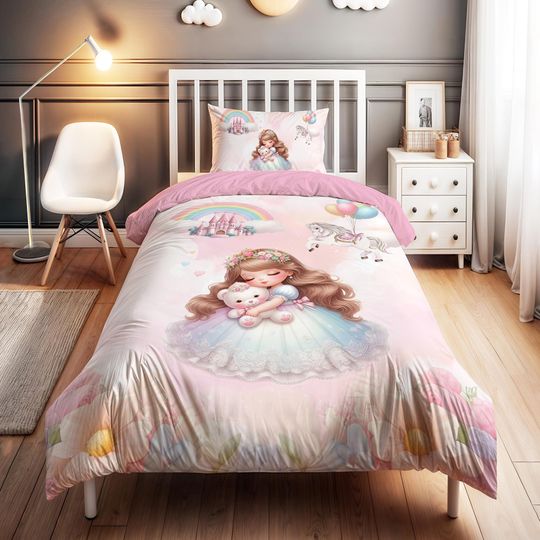Discover Bear Princess Bedding Set - Kids Duvet Cover Set, Children's Room Decor, High-Quality Print, 2-Piece Set