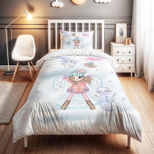 Discover Snowy Princess Patterned Bedding Set - Kids Duvet Cover Set, Children's Room Decor, High-Quality 2-Piece Set