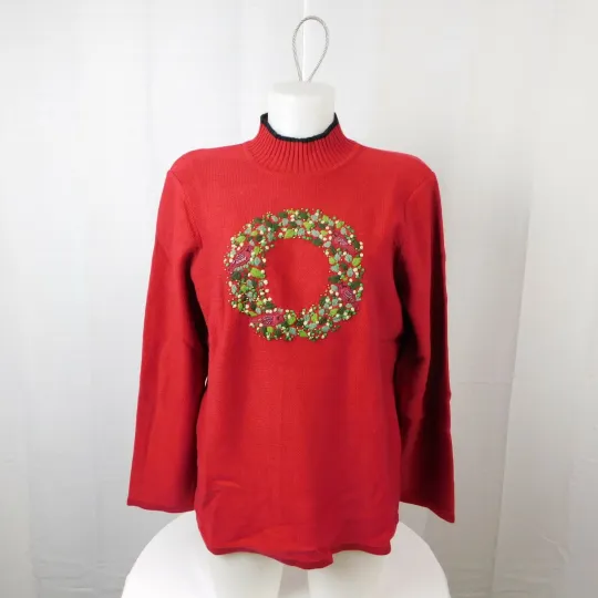 Merry & Bright Embroidered Beaded Cardinal Ugly Christmas Sweater - Large #7508