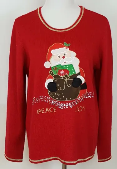 Christmas Sweater Ugly Women Red Size XL Santa Peace Joy Long Sleeve Pullover