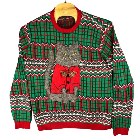 Discover 33Degrees Christmas Sweater Cardigan XXL Cat Kitty Ugly Plaid 3D Bow