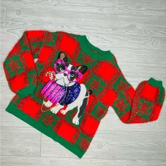 Holiday time glamorous pug dog long sleeve ugly / funny Christmas sweater sm 4/6
