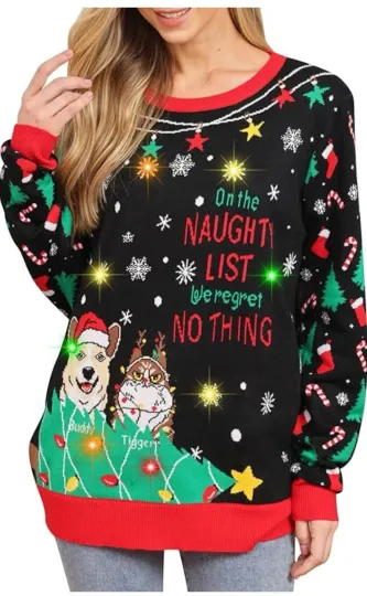 Ugly Christmas Sweater for Women Light Up Knitted Pullover Xmas LED Sz S