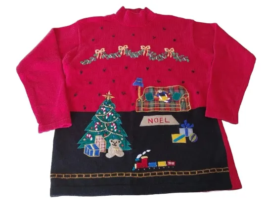 Vintage 3d Christmas Sweater Ugly Mock Turtleneck Pullover Gift Tree Train M