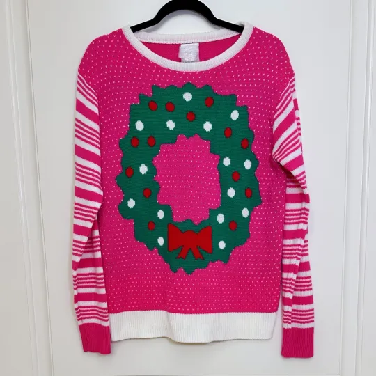 Discover Women’s Pink Ugly Christmas Sweater Wreath Graphic Striped Sleeves Medium