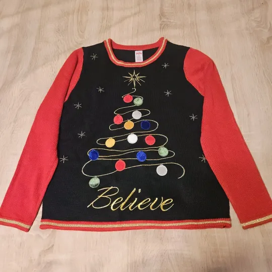 Holiday Time Women's Ugly Christmas Sweater - Christmas Tree  Size S 4-6 Black