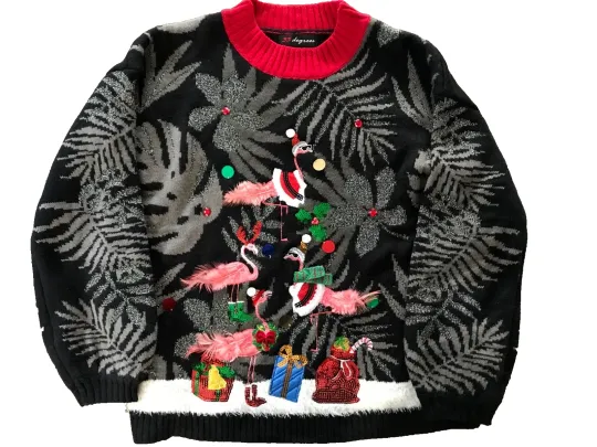 Discover 33 Degrees Womens Ugly Christmas Sweater Size M Flamingos Sequins Feathers Gems