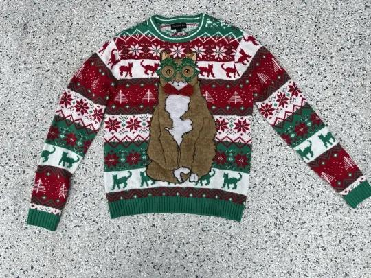 Ugly Christmas Cat Sweater Christmas Bay Sz M Faux fur Cat, bow Tie Fun Holiday