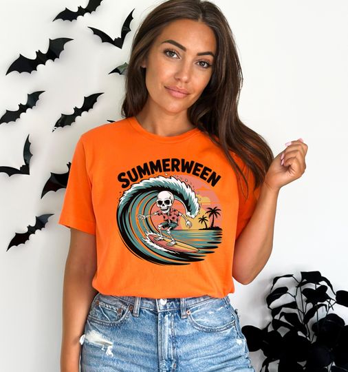 Surfing Skeleton Shirt, Summer Halloween Shirt, Spooky Season Gifts, Summerween Shirt, Funny Halloween Summer T-shirt