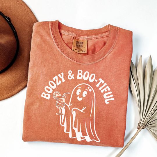 Discover Boozy & Boo-tiful Ghost Tee  Spooky Cocktail Halloween Shirt, Retro Ghost Tee, Summer Halloween Shirt, Spooky Season Gifts