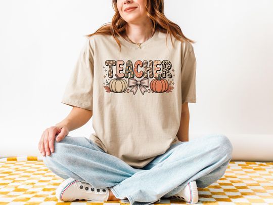 Teacher Fall Coquette Shirt, Teacher Autumn Doodle Tee, Teacher Appreciation Gift, Halloween Teacher Shirt, Halloween Ghost Teacher Gift Tee