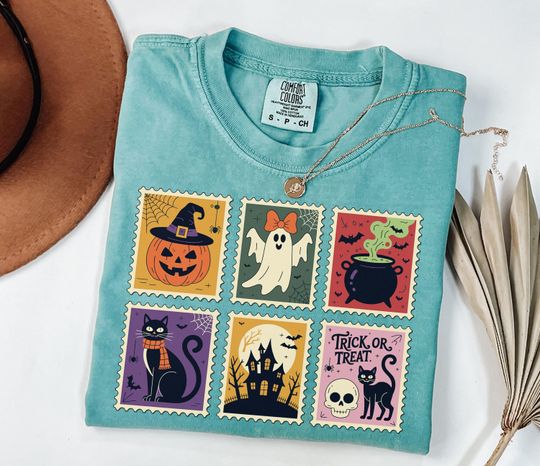 Discover Retro Halloween Stamps Shirt, Girly Halloween Ghost Shirt, Spooky Season Shirt, Halloween Gift, Funny Shirt, Retro Halloween