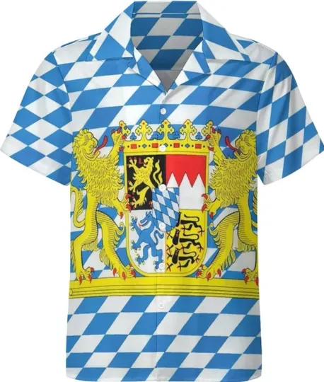 Discover Bavaria Bavarian Flag Men's Short Sleeve Hawaiian Shirt, Regular Fit