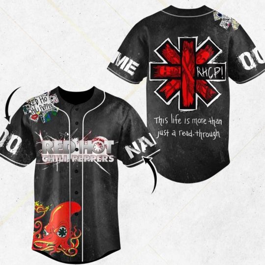 Red Hot Chili Peppers Inspired Baseball Jersey, RHCP Asterisk Back & Lyric, Custom Name Number, Black Octopus Art Unisex Button Up Fan Gift