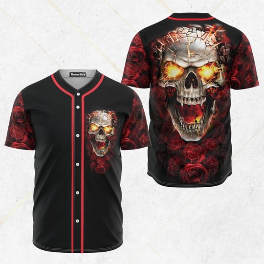 Fiery Skull Roses Baseball Jersey, Black Red Button Up Unisex Streetwear Top, Glowing Eyes Cracked Skull Graphic, Gothic Rock Gift Shirt