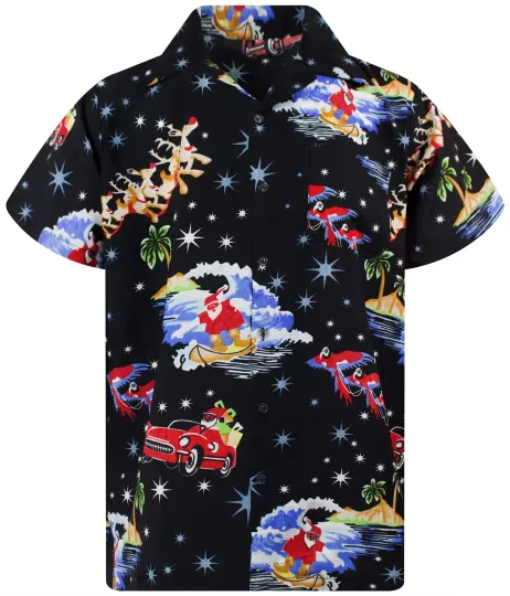 Discover Funky Hawaiian Shirt Christmas Santa Surf Black