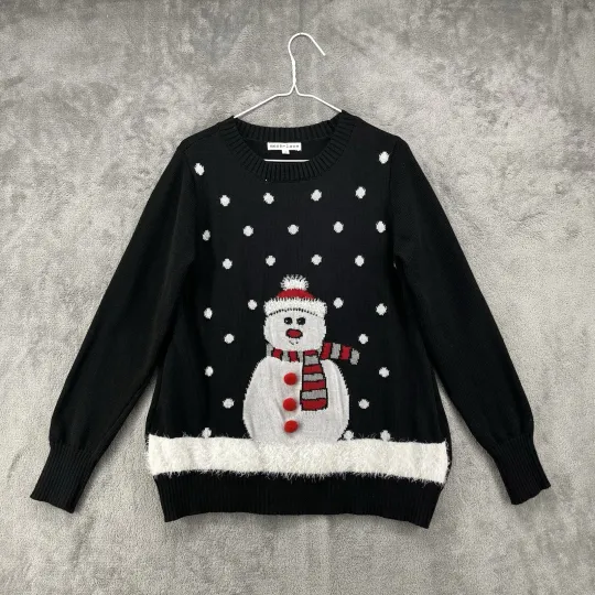Mesh + Lace Sweater Womens Medium Black Ugly Sweater Christmas Snowman Frosty