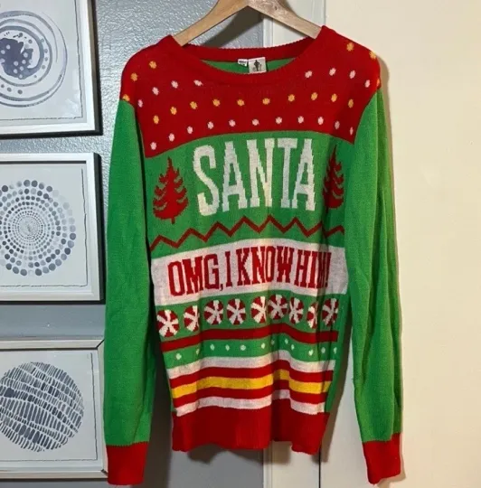 Elf Movie Santa OMG! I Know Him!" Ugly Christmas Sweater Women’s Size M