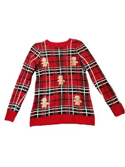 ugly christmas sweater women Small red plaid sweater with gingerbread accents.