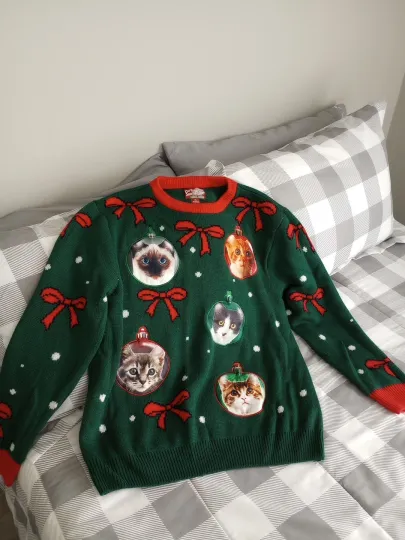 Adult Ugly Christmas Party Sweater Dec 25th Cats Ornaments Bows XL
