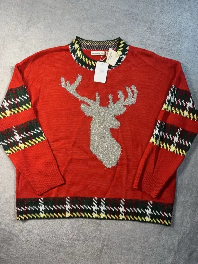 AndTheWhy Womens S/M Christmas Reindeer Ugly Sweater Pullover Plaid Pattern Red