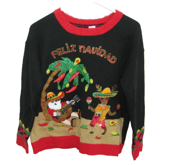 Discover Ugly Christmas Sweater Women's (Size Medium 8-10) Mexico Santa Chili Peppers Top
