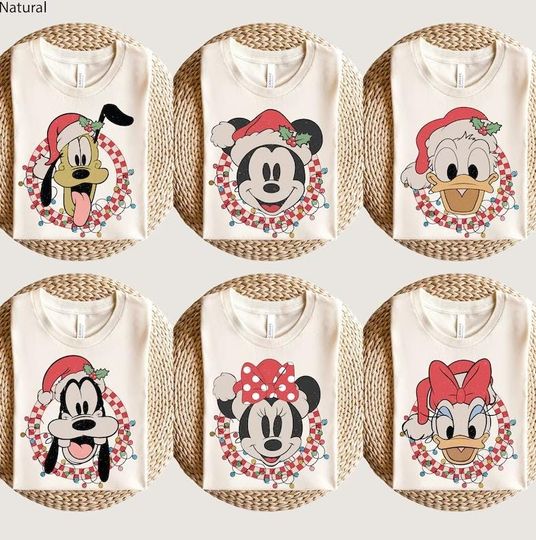 Discover Retro Mickey Mouse And Friends Checkered Christmas Lights Shirt, Disneyland Trip Christmas Holiday Shirt, Disney Xmas Vacation Tee