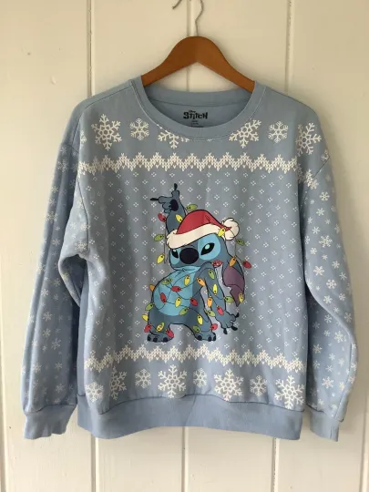 Discover Disney Stitch Womens LARGE Ugly Christmas Sweater Lights Santa Hat Snowflake
