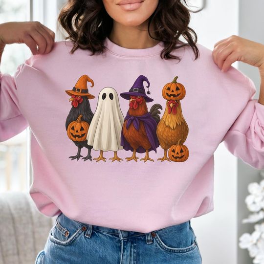 Discover Halloween Chicken Sweatshirt, Witch Ghost Pumpkin Rooster Shirt