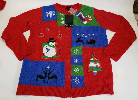 Discover Women's Ericka Ugly Button Up Christmas Xmas Knit Sweater Sweat Shirt Red Large
