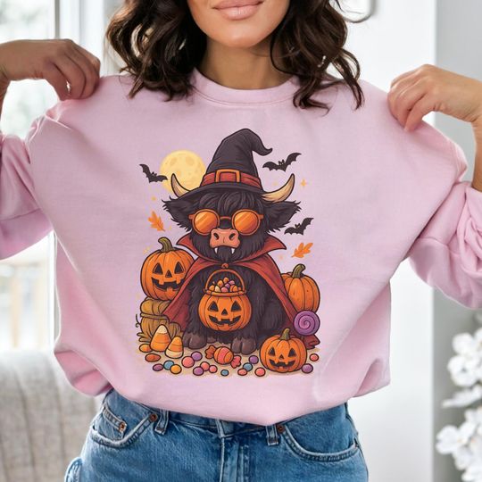 Halloween Highland Cow Sweatshirt, Witch Hat Cow with Pumpkins & Candy