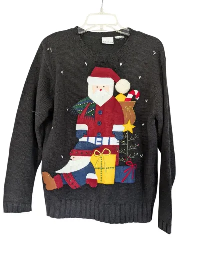 Vintage Bobbie Brooks Christmas Sweater size Large Black With Santa And 3D Pom