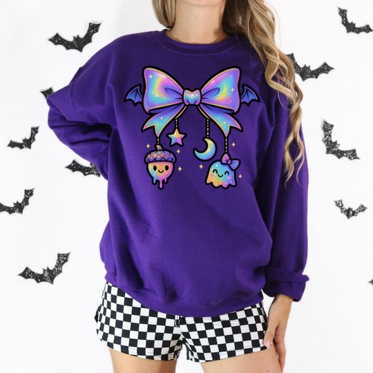 Discover Cute Halloween Ghost Bow Sweatshirt, Iridescent Bow with Bat and Ghost
