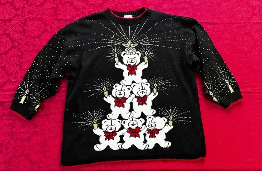 Nutcracker  Holiday Sweater Black White Teddy Bear Christmas USA Made 24W