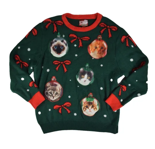 Discover Adult Ugly Christmas Party Sweater Dec 25th Green Cats Ornaments Ribbons | XL
