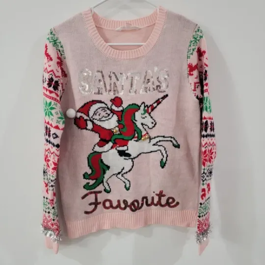 Discover No Boundaries Womens Size Medium Ugly Christmas Sweater Pink Unicorn Sequin