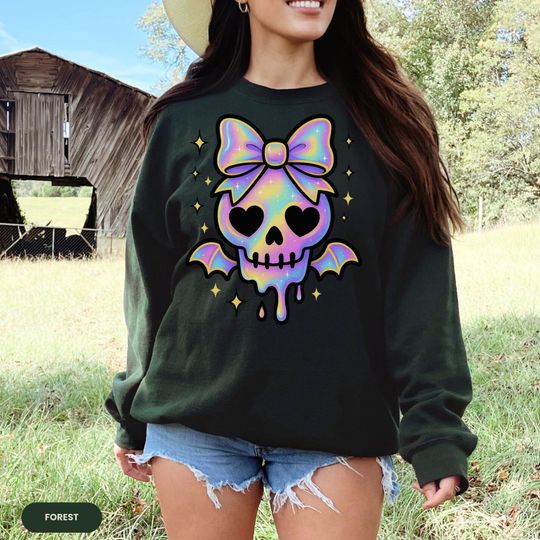 Discover Iridescent Skull Bat Bow Sweatshirt, Neon Halloween Shirt, Cute Gothic Apparel