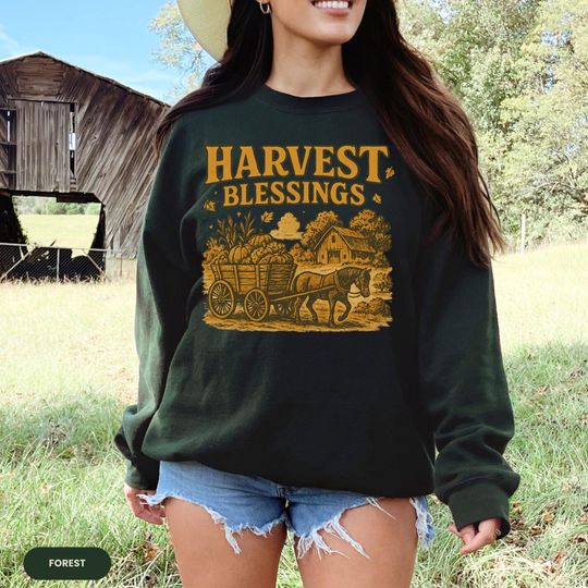 Harvest Blessings Sweatshirt, Fall Pumpkin Cart Design, Autumn Farm Shirt