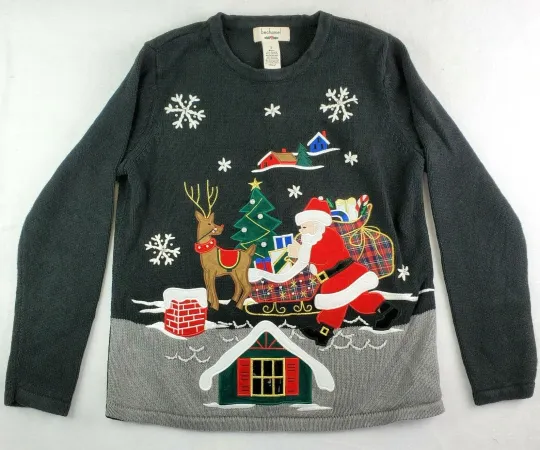 Discover BECHAMEL Sweater Womens Small Black Santa Theme Ugly Christmas
