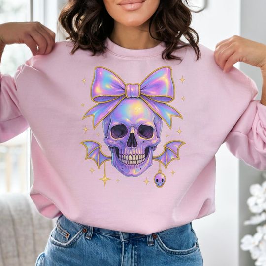 Iridescent Skull Bat Bow Sweatshirt: Holographic Halloween Crewneck for Women