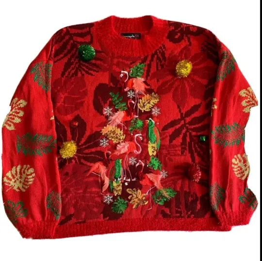 33 Degrees Women Red Ugly Christmas Sweater Small Flamingo Jingle Bell Tropical