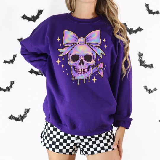 Discover Cute Skull with Bow Sweatshirt, Holographic Skeleton Graphic Shirt