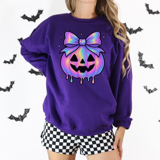 Discover Iridescent Halloween Pumpkin Sweatshirt, Holographic Dripping Bow