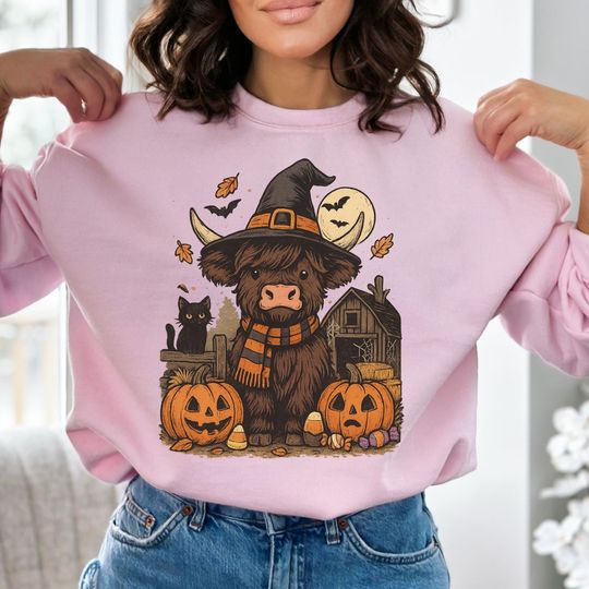 Halloween Highland Cow Sweatshirt, Pumpkin Witch Cow, Cute Fall Animal Sweater