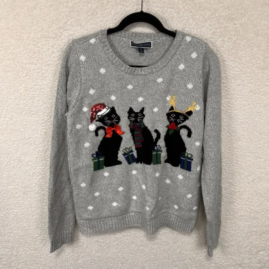 Karen Scott Christmas Cats Sweater Women’s L Gray Sequins 3D Grandmacore