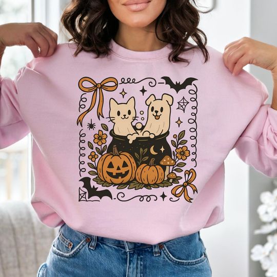 Cute Halloween Pets Sweatshirt, Cat and Dog in Cauldron Shirt