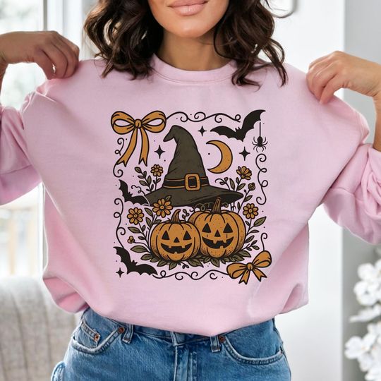 Vintage Halloween Shirt with Witch Hat, Pumpkins Bats and Bows Shirt