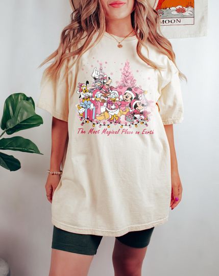 Vintage Mickey And Friends Pink Christmas Tree Shirt, Disney Christmas Lights Shirt, WDW Disneyland Xmas, Mickey Very Merry Christmas Shirt