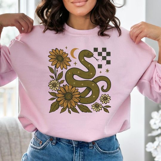 Discover Vintage Snake and Sunflower Sweatshirt, Retro Boho Nature Graphic Shirt